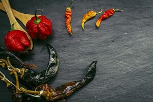 più caldo Pepe nel il mondo. trinidad scorpione macellaio, migliaia di volte Di Più speziato di avana. su nero ardesia sfondo, con naturale luce. speziato buio cibo cibo concetto. foto