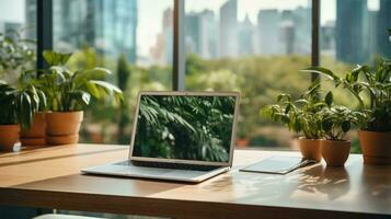 il il computer portatile è su il tavolo contro il fondale di natura e verde impianti. ai generato foto