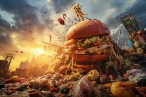 Hamburger è un' cibo sciupare, inquinamento di il ambiente. grottesco scena di cibo ottenere gettato in giro nel un urbano ambiente, ai generato foto