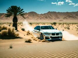 BMW Visualizza di auto in esecuzione a alto velocità attraverso il deserto foto