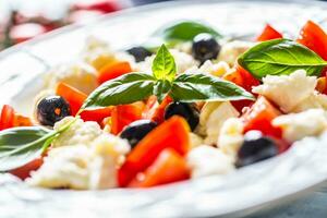 caprese insalata con Mozzarella formaggio fresco pomodori olive e basilico le foglie. italiano o mediterraneo salutare pasto. foto