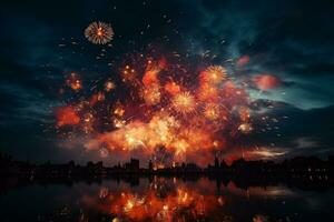 fuochi d'artificio al di sopra di il acqua con un' città nel il sfondo foto