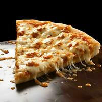avvicinamento di un' fetta di formaggio Pizza con gocciolante fusione Mozzarella su buio sfondo ai generativo foto