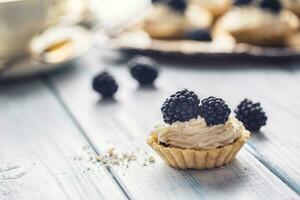 mini tartellette con more frustato crema e caffè. foto