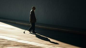 anziano persona con un' canna ombre su il strada simboleggiante vecchio età e colonna vertebrale comune disturbi. silhouette concetto foto