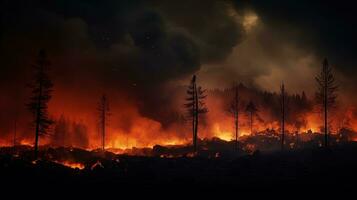 ore notturne foresta fuoco un sfortunato naturale evento. silhouette concetto foto