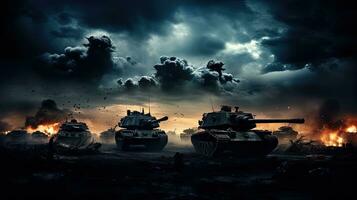 nebbioso cielo battaglia scena con Tedesco carri armati e blindato veicoli. silhouette concetto foto