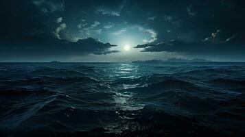 pieno Luna splendente al di sopra di il oceano paesaggio. silhouette concetto foto