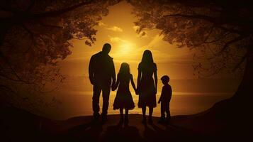 silhouette di famiglia con bambini in piedi nel davanti di il tramonto foto