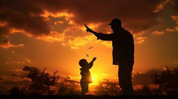contento padre con bambino mano silhouette nel natura parco a tramonto foto