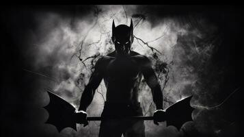 Halloween ritratto Spettacoli pipistrello maneggiando pericoloso uomo dietro a smerigliato bicchiere. silhouette concetto foto