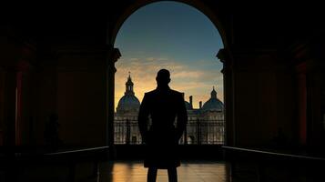 statua di Napoleone bonaparte visto a partire dal dietro a a Hotel des invalides nel Parigi Francia. silhouette concetto foto