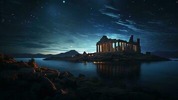 poseidon S tempio sotto un' notte cielo pieno con stelle. silhouette concetto foto