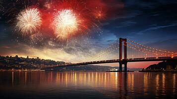 fuochi d'artificio illuminare Istanbul ponte al di sopra di bosphorus nel tacchino. silhouette concetto foto