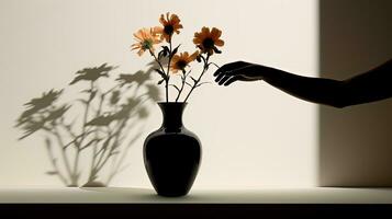 un' mano S ombra cerca vaso fiori. silhouette concetto foto