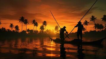 pescatori lineamenti a Alba nel il tropici. silhouette concetto foto