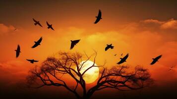 uccelli nel silhouette arroccato su alberi nel un' tetro cielo foto