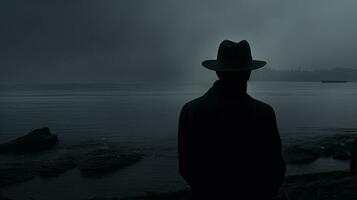 uomo nel cappello nel il pioggia Guardando nebbia approccio a partire dal il mare noir vibrazioni. silhouette concetto foto