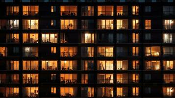 illuminato finestre di alto appartamento edificio a notte urbano sfondo. silhouette concetto foto