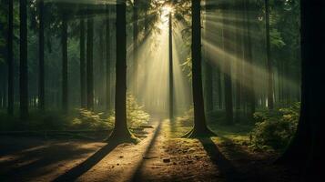 luce del sole filtraggio attraverso il alberi nel un' foresta. silhouette concetto foto