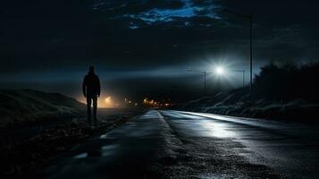 un' uomo con un' torcia elettrica esamina il strada a notte. silhouette concetto foto