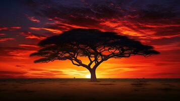 silhouette di africano alberi contro un' sbalorditivo tramonto foto