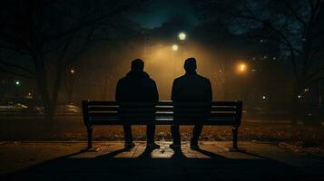 Due maschi seduta su panchina in mezzo il illuminazione. silhouette concetto foto