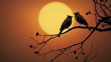 paio di waxwing uccelli delineato di il pieno Luna a crepuscolo. silhouette concetto foto