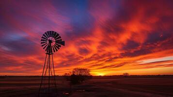 colorato tramonto con mulino a vento e alberi nel rurale Kansas nord di hutchinson. silhouette concetto foto