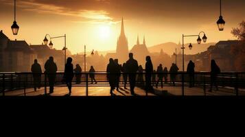 pedoni su Friburgo ponte getto ombre. silhouette concetto foto