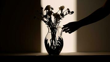 un' mano S ombra cerca vaso fiori. silhouette concetto foto