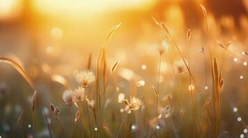 selettivo messa a fuoco su rugiada coperto erba fiore nel un' prato a Alba. silhouette concetto foto