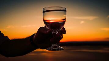 mano Tenere bicchieri a tramonto silhouette foto