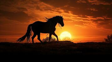 cavallo silhouette in mezzo tramonto mentre pascolo foto