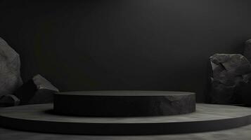 elegante nero pietra e roccia podio per Prodotto presentazione su un' elegante nero sfondo foto
