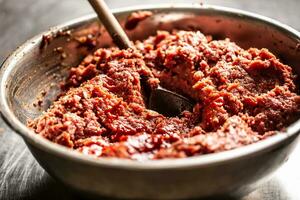 metallo ciotola pieno di appena preparato Manzo carne per bistecca tartare con cucchiaio cucito in esso foto