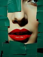 donna rosso occhio labbra verde viso bellezza moda rossetto concetto avvicinamento paffuto labbra carta colore foto