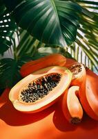 semi tropicale mangiare giallo avvicinamento succoso maturo frutta papaia fresco cibo foglia arancia foto