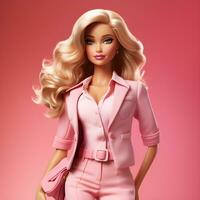 Barbie Bambola carino 3d biondo ragazza attrezzatura con solido rosa e bianca colore sfondo foto