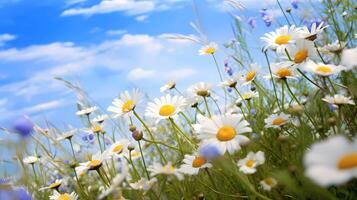 avvicinamento bellissimo prato nel estate con selvaggio fiori camomilla e blu cielo sfondo ai generativo foto