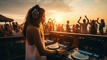 bellissimo femmina dj a spiaggia festa durante tramonto. spensierato vita foto