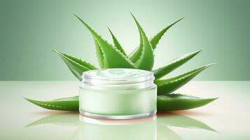 aloe Vera cosmetico crema con verde foglia su verde sfondo. ai generato foto