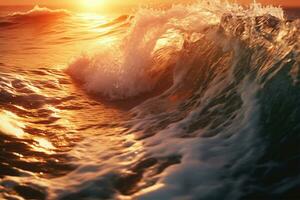 avvicinamento di oceano rottura onde. tramonto alba Crashing mare rompere ai generato foto