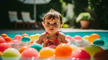 contento bambino giocando nel un' nuoto piscina durante estate vacanza ai generato foto