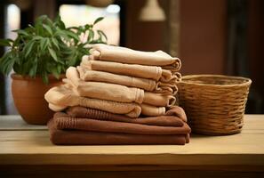 di vimini cestino con piegato asciugamani su un' di legno tavolo nel un' rustico ambientazione avvicinamento ai generato foto
