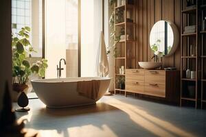 interno 1968 di elegante bagno con di legno mobiletto, lavello, vasca da bagno e specchio ai generato foto