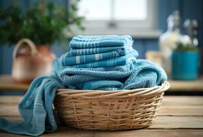 lavanderia cestino con pulito asciugamani su di legno tavolo nel il camera ai generato foto