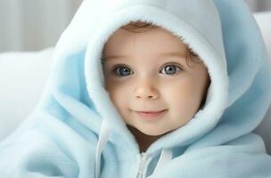 ritratto di un' carino poco ragazzo su un' blu tessuto sfondo ai generato foto