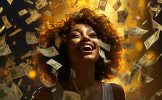 ritratto di un' sorridente africano americano donna con dollaro fatture caduta giù ai generato foto