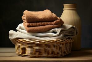 di vimini cestino con piegato asciugamani su un' di legno tavolo nel un' rustico ambientazione avvicinamento ai generato foto